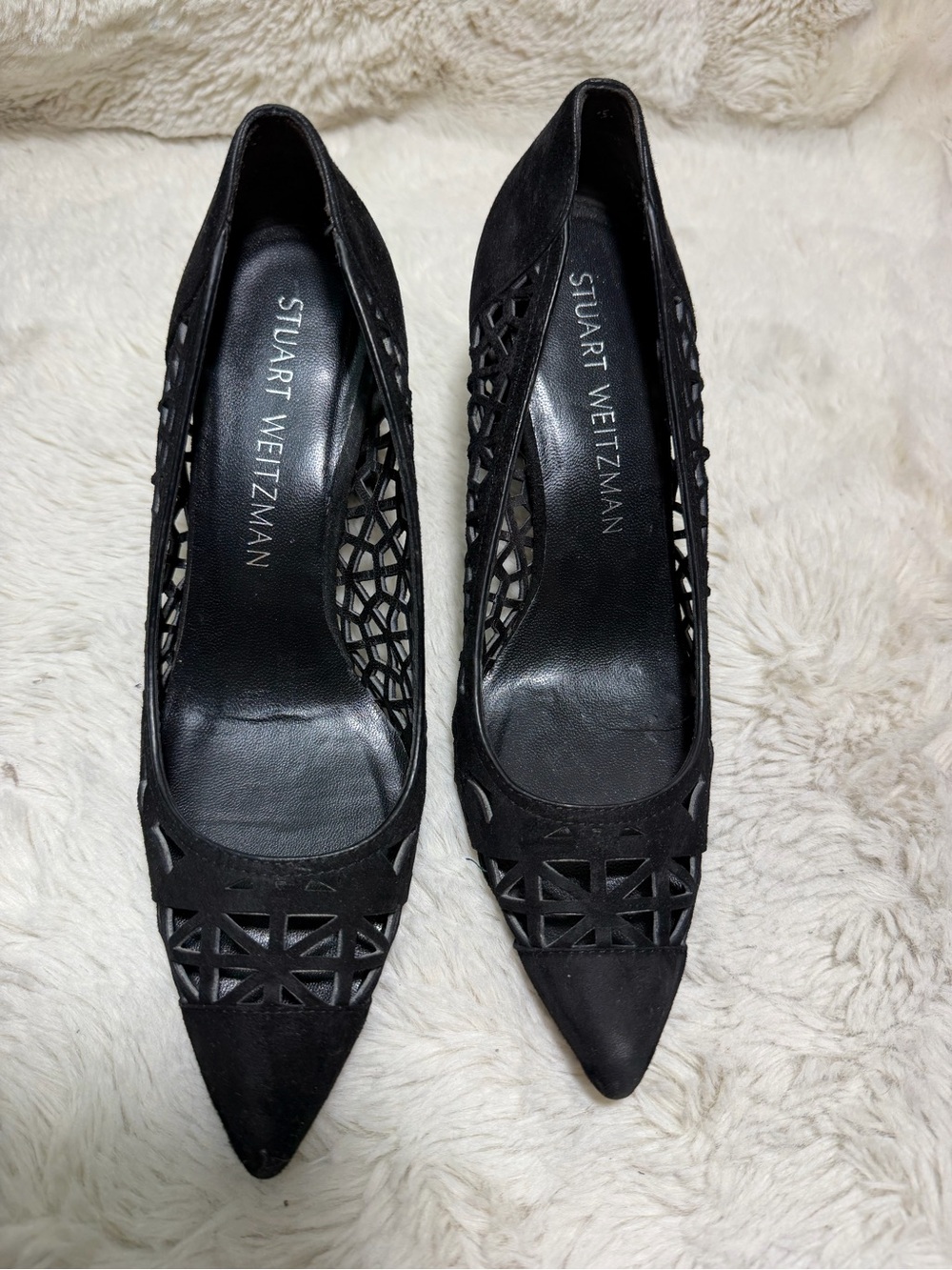 Stuart Weitzman Black Laser-Cut Pointed Toe Heels